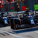 Valtteri Bottas, Mercedes F1 W11 EQ Performance, leads Lewis Hamilton, Mercedes F1 W11 EQ Performance