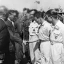 King George VI meets the drivers, including a young Stirling Moss, who finished in 2nd position in the 500cc support race. Silverstone, Great Britain. 13th May 1950.
World Copyright: LAT Photographic