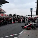 Kevin Magnussen (DEN) Haas F1 and Romain Grosjean (FRA) Haas F1 unveil the Haas VF-18 at Formula One Testing, Day One, Barcelona, Spain, 26 February 2018. © Sutton Images