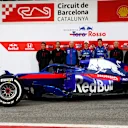 Honda personel, Franz Tost (AUT) Scuderia Toro Rosso Team Principal, Pierre Gasly (FRA) Scuderia Toro Rosso and Brendon Hartley (NZL) Scuderia Toro Rosso with the new Scuderia Toro Rosso STR13 at Formula One Testing, Day One, Barcelona, Spain, 26 February