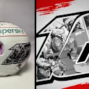 Images of Vettel and Leclerc fill the number 16 on the side of his helmet