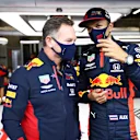 SPA, BELGIUM - AUGUST 29: Red Bull Racing Team Principal Christian Horner speaks with Alexander Albon of Thailand and Red Bull Racing in the garage during qualifying for the F1 Grand Prix of Belgium at Circuit de Spa-Francorchamps on August 29, 2020 in Spa, Belgium. (Photo by Mark Thompson/Getty Images)