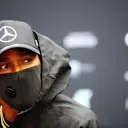 NUERBURG, GERMANY - OCTOBER 08: Lewis Hamilton of Great Britain and Mercedes GP looks on in the Paddock during previews ahead of the F1 Eifel Grand Prix at Nuerburgring on October 08, 2020 in Nuerburg, Germany. (Photo by Mark Thompson/Getty Images)
