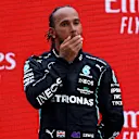 LE CASTELLET, FRANCE - JUNE 20: Second placed Lewis Hamilton of Great Britain and Mercedes GP celebrates on the podium during the F1 Grand Prix of France at Circuit Paul Ricard on June 20, 2021 in Le Castellet, France. (Photo by Bryn Lennon - Formula 1/Formula 1 via Getty Images)
