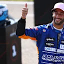 MONZA, ITALY - SEPTEMBER 11: Third place finisher Daniel Ricciardo of Australia and McLaren F1 celebrates in parc ferme during the Sprint ahead of the F1 Grand Prix of Italy at Autodromo di Monza on September 11, 2021 in Monza, Italy. (Photo by Bryn Lennon/Getty Images)