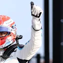 Williams' British driver George Russell gestures after the sprint race qualifying session ahead of the Formula One British Grand Prix at the Silverstone motor racing circuit in Silverstone, central England on July 16, 2021. (Photo by LARS BARON / various sources / AFP) (Photo by LARS BARON/AFP via Getty Images)