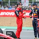Charles Leclerc of Ferrari and Monaco and Max Verstappen of Red Bull Racing and The Netherlands during qualifying ahead of the F1 Grand Prix of Great Britain at Silverstone on July 02, 2022 in Northampton, England. (Photo by Peter J Fox/Getty Images)