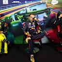 Charles Leclerc of Scuderia Ferrari, Max Verstappen of Red Bull Racing and George Russel of Mercedes during the press conference after the Formula 1 Italian Grand Prix race at Circuit Monza, on September 11, 2022 in Monza, Italy (Photo by Beata Zawrzel/NurPhoto via Getty Images)