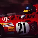 A close-up of the March 711's cockpit with Ronnie Peterson at the wheel