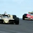 Jochen Mass in the A2 (L) with Gilles Villeneuve giving chase in the Ferrari 312 T4 (R) at Dijon, 1979