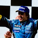 Fernando Alonso (ESP) Renault celebrates on the podium becoming the youngest ever winner of a Grand Prix and claiming Renault's first GP win in 20 years.
Hungarian Grand Prix, Rd13, Hungaroring, Budapest, 24 August 2003.
© ©Sutton Motorsport Images