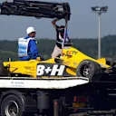 The Jordan Ford EJ13 of Ralph Firman Jnr (GBR)  is returned to the paddock on a truck after his crash that caused the first practice session to be stopped.
Hungarian Grand Prix, Hungaroring, Hungary, 23 August 2003.
DIGITAL IMAGE © © Sutton Motorsport Images