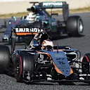 Nico Hulkenberg (GER) Force India VJM08 leads Lewis Hamilton (GBR) Mercedes AMG F1 06 at Formula One Testing, Day Three, Barcelona, Spain, 28 February 2015.