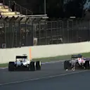 Nico Rosberg (GER) Mercedes AMG F1 W06 and Sebastian Vettel (GER) Ferrari SF15-T with sparks at Formula One Testing, Day Four, Barcelona, Spain, 1 March 2015.
