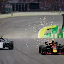 Max Verstappen, Red Bull Racing RB14, passes Lewis Hamilton, Mercedes AMG F1 W09 EQ Power+, for the lead during the Brazilian GP on November 11, 2018 in Autodromo Jose Carlos Pace, Brazil. (Photo by Andy Hone / LAT Images)