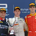 (L to R): Second placed Mitch Evans (NZL) Russian Time, race winner Stoffel Vandoorne (BEL) ART Grand Prix and third placed Alexander Rossi (USA) Racing Engineering celebrate on the podium with the trophies at GP2 Series, Rd2, Barcelona, Spain, 8-10 May 2015. © Sutton Motorsport Images