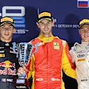 (L to R): Second placed Pierre Gasly (FRA) DAMS, race winner Alexander Rossi (USA) Racing Engineering and third placed Stoffel Vandoorne (BEL) ART Grand Prix celebrate on the podium with the trophies at GP2 Series, Rd9, Sochi Autodrom, Russia, 9-11 October 2015. © Sutton Motorsport Images