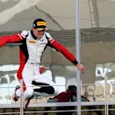 Third place finisher and 2015 Champion Esteban Ocon (FRA) ART Grand Prix celebrates on the podium dat GP3 Series, Rd9, Yas Marina Circuit, Abu Dhabi, UAE, 27-29 November 2015. © Sutton Motorsport Images