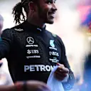 BARCELONA, SPAIN - MAY 08: Pole position qualifier Lewis Hamilton of Great Britain and Mercedes GP celebrates in parc ferme during qualifying for the F1 Grand Prix of Spain at Circuit de Barcelona-Catalunya on May 08, 2021 in Barcelona, Spain. (Photo by Mario Renzi - Formula 1/Formula 1 via Getty Images)
