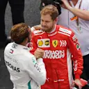AUTODROMO HERMANOS RODRIGUEZ, MEXICO - OCTOBER 28: Lewis Hamilton, Mercedes AMG F1 and Sebastian Vettel, Ferrari celebrate in Parc Ferme during the Mexican GP at Autodromo Hermanos Rodriguez on October 28, 2018 in Autodromo Hermanos Rodriguez, Mexico. (Photo by Jerry Andre / Sutton Images)