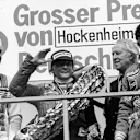 One of Stuck’s two F1 podiums came at his home race at Hockenheim in 1977 – he finished third for Brabham, behind Ferrari race winner Niki Lauda (centre) and Wolf’s Jody Scheckter (right)