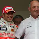 Lewis Hamilton (GBR) McLaren and Ron Dennis (GBR) McLaren Team Principal on the podium. Formula One World Championship, Rd 6, Monaco Grand Prix, Race Day, Monte-Carlo, Monaco, Sunday 25 May 2008. © Sutton Motorsport Images