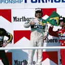 Podium and Results: first Nelson Piquet (BRA) Williams middle, second Ayrton Senna (BRA) Lotus left and third Nigel Mansell (GBR) Williams right.
Hungarian Grand Prix, Hungaroring, Budapest, Hungary, 10 August 1986. © Sutton Motorsport Images
