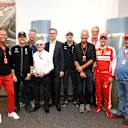 Spa-Francorchamps, Spa, Belgium. Friday 21 August 2015. Bernie Ecclestone, CEO and President, FOM, and German TV Channel RTL announce a new extension to their TV rights deal, with RTL reporters and pundits, and German drivers Nico Rosberg, Mercedes AMG, Nico Hulkenberg, Force India, and Sebastian Vettel, Ferrari, in attendance. © Steven Tee/LAT Photographic