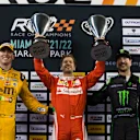 Sebastian Vettel celebrates his win in the ROC Nations Cup with Team Germany team mates Kyle Busch and Kurt Busch at Race of Champions, Marlins Park, Miami, USA, 22 January 2017. © Sutton Images