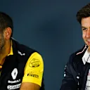 SOCHI AUTODROM, RUSSIAN FEDERATION - SEPTEMBER 28: Cyril Abiteboul, Managing Director, Renault Sport F1 Team, and Toto Wolff, Executive Director (Business), Mercedes AMG, in a Press Conference during the Russian GP at Sochi Autodrom on September 28, 2018 in Sochi Autodrom, Russian Federation. (Photo by Sam Bloxham / LAT Images)