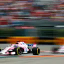 SOCHI AUTODROM, RUSSIAN FEDERATION - SEPTEMBER 30: Sergio Perez, Racing Point Force India VJM11, leads Esteban Ocon, Racing Point Force India VJM11 during the Russian GP at Sochi Autodrom on September 30, 2018 in Sochi Autodrom, Russian Federation. (Photo by Sam Bloxham / LAT Images)