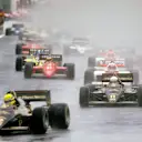 Ayrton Senna leads teammate Elio de Angelis (both Lotus 97T Renault's), Alain Prost (McLaren MP4/2B TAG Porsche) and Michele Alboreto (Ferrari F156/85) at the start. World Copyright - LAT Photographic