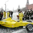Jordan drivers Tiago Monteiro and Narain Karthikeyan try to stay warm as the team present their 2005 car in Moscow’s snow-covered Red Square. © Glenn Dunbar/LAT Photographic