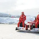Ferrari showed off their 2012 challenger at a snowy Maranello in February 2012 – and don’t Fernando Alonso and Felipe Massa look happy about it! © Copyright Free for Editorial Use Only