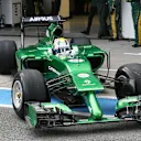 Marcus Ericsson exits the garage in the unusual Caterham CT05. Formula One Testing, Jerez, Spain, Day One, Tuesday 28 January 2014. © Sutton Motorsport Images