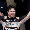 Sergio Perez (MEX) Force India celebrates on the podium with the trophy on the podium with the trophy at Formula One World Championship, Rd6, Monaco Grand Prix, Race, Monte-Carlo, Monaco, Sunday 29 May 2016.

BEST IMAGE © Sutton Images + 44 1327 352188,Sutton Images + 44 1327 352188