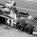 A prototype Tyrrell P34 - essentially the six-wheeled design mated to the existing 007 chassis - in testing at Silverstone prior to its Grand Prix debut in 1976. © Sutton Motorsport Images