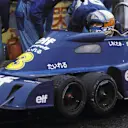Jody Scheckter, who retired on lap 59 with an overheating engine, experiments with a wet and a slick front tyre combination during the wet race morning practice session. Japanese Grand Prix,Fuji, Japan, 24 October 1976. © Sutton Motorsport Images