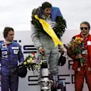 The podium in Sweden: Jody Scheckter is flanked by team mate Patrick Depailler (left) and Ferrari's Niki Lauda, Anderstorp, 13 June 1976. ©Sutton Motorsport Images