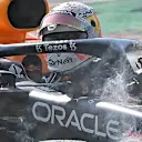 MONZA, ITALY - SEPTEMBER 12: Max Verstappen of the Netherlands driving the (33) Red Bull Racing RB16B Honda and Lewis Hamilton of Great Britain driving the (44) Mercedes AMG Petronas F1 Team Mercedes W12 crash during the F1 Grand Prix of Italy at Autodromo di Monza on September 12, 2021 in Monza, Italy. 