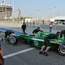 Kamui Kobayashi (JPN) Caterham CT05 stops at the end of pit lane. Formula One Testing, Day One, Bahrain International Circuit, Sakhir, Bahrain, Thursday, 27 February 2014 © Sutton Images. No reproduction without permission