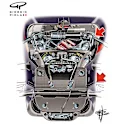 The higher arrow shows the front rocker arm that needed to be removed for repairs; The lower arrow shows where the track rod meets the steering rack...