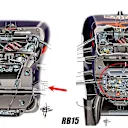 Circled on the right is the exposed steering rack on the RB15, which would make last year's car easier to fix compared to the RB16, seen in the image on the left.
