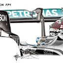 Mercedes' high and low downforce wings as used in FP1, Hamilton with higher downforce flap angle and with the flap running full depth at the outboard ends compared to…