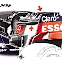 Verstappen’s wing (above) was of a different family to that of Perez (next image), with the lower downforce Baku/Spa spoon profile and a simpler endplate. A gurney flap was added to Verstappen’s wing (top arrow). 