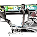 A technical illustration of Hamilton's Sao Paulo GP rear wing, yellow line showing the 85mm DRS opening across the main plane