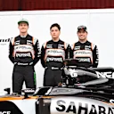 (L to R): Nico Hulkenberg (GER) Force India F1, Alfonso Celis jr (MEX) Force India Test Driver and Sergio Perez (MEX) Force India with the Force India VJM09 at Formula One Testing, Day One, Barcelona, Spain, Monday 22 February 2016. © Sutton Motorsport Images