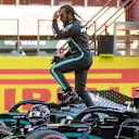 Mercedes driver Lewis Hamilton of Britain jumps out of his car after winning the Formula One Grand Prix of Tuscany, at the Mugello circuit in Scarperia, Italy, Sunday, Sept. 13, 2020. (AP Photo/Luca Bruno, Pool)