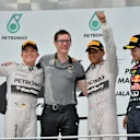 (L to R): Nico Rosberg (GER) Mercedes AMG F1, Andy Shovlin (GBR) Mercedes AMG F1 Chief Engineer, race winner Lewis Hamilton (GBR) Mercedes AMG F1 and Sebastian Vettel (GER) Red Bull Racing celebrate on the podium. Formula One World Championship, Rd2, Malaysia