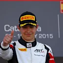 Esteban Ocon (FRA) on the podium. GP3 Series, Rd2, Barcelona, Spain, 8-10 May 2015. © Sutton Motorsport Images